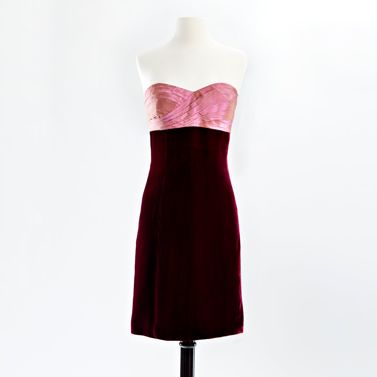 Cocktail dress with hand pleated rose taffeta bodice and wine velvet skirt
