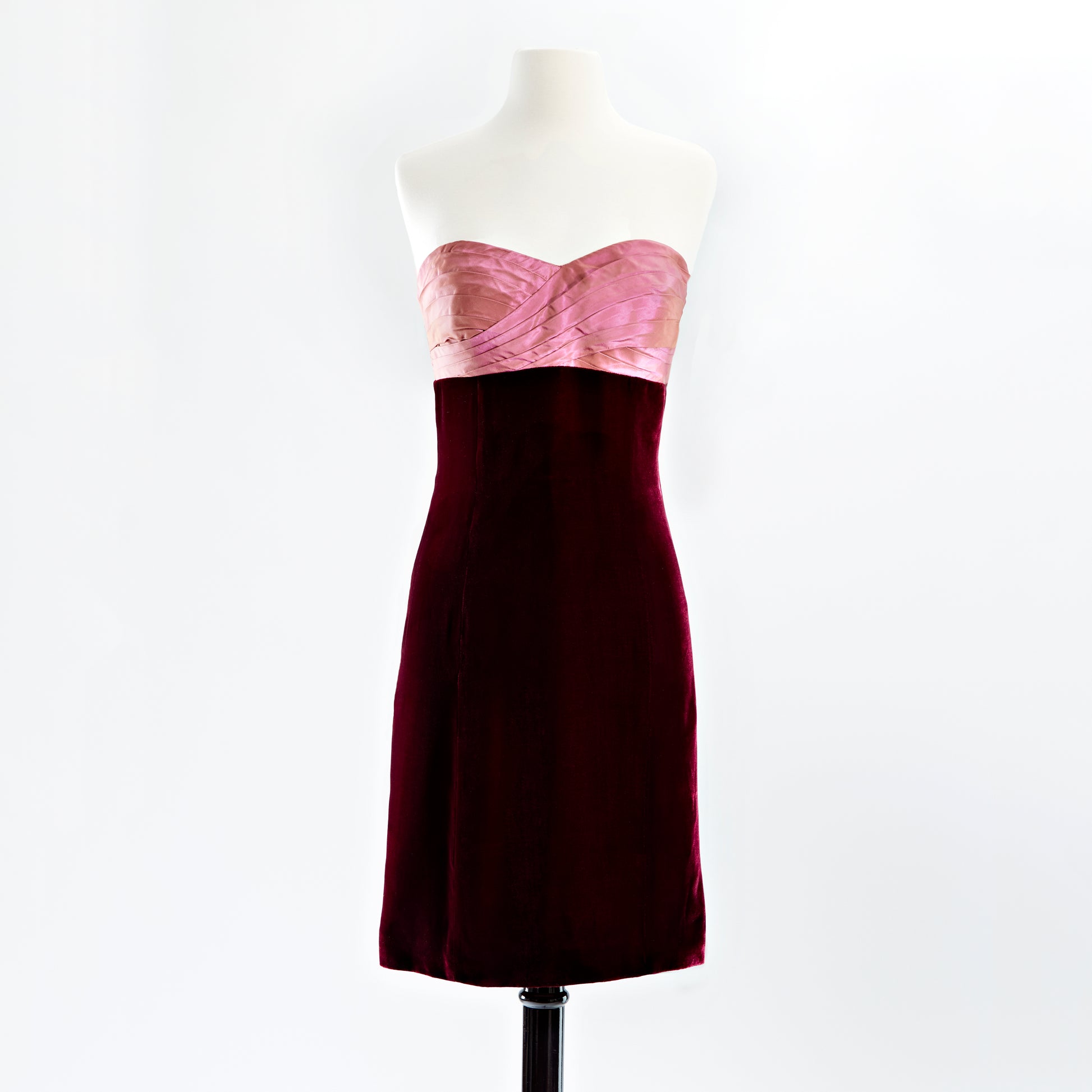 Cocktail dress with hand pleated rose taffeta bodice and wine velvet skirt