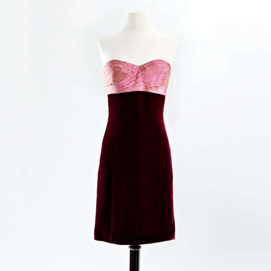 Cocktail dress with hand pleated rose taffeta bodice and wine velvet skirt