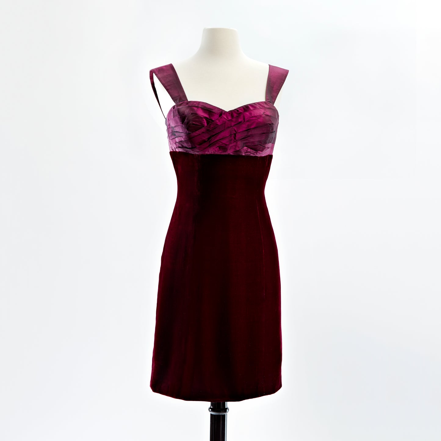 Cocktail dress with hand pleated wine taffeta bodice and velvet skirt with cap sleeves