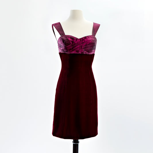 Cocktail dress with hand pleated wine taffeta bodice and velvet skirt with cap sleeves