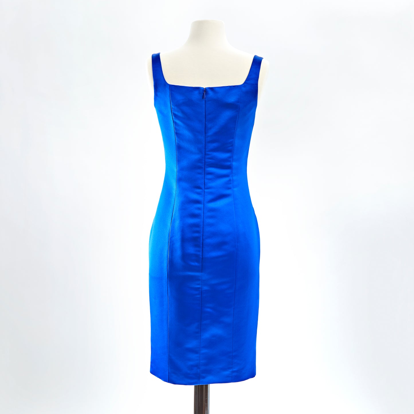 Sapphire blue duchess silk satin square neck sheath cocktail dress back view